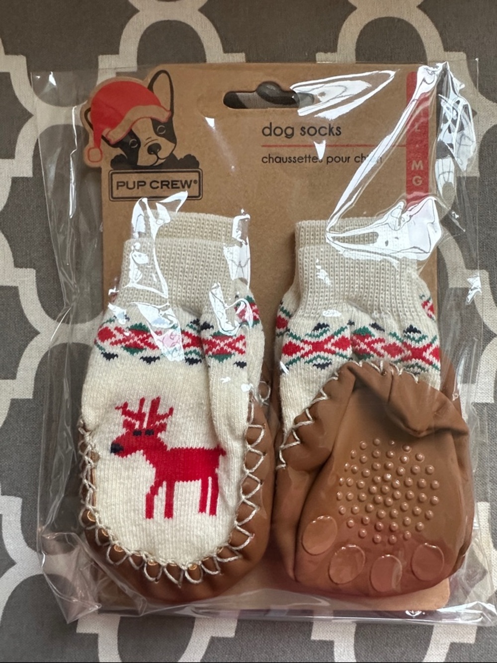 Pup Crew Cream & Brown Reindeer Dog Socks